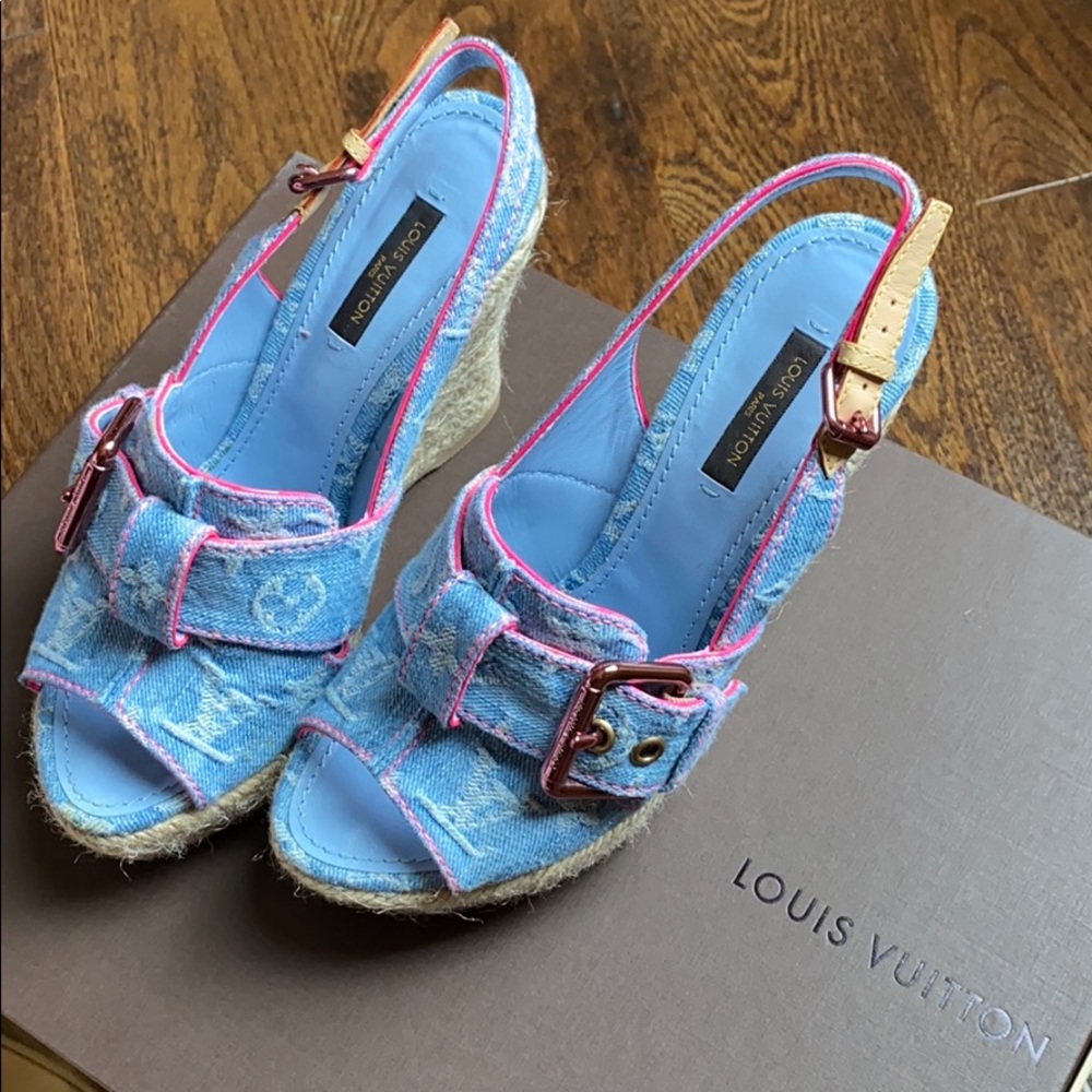 Louis Vuitton Denim Wedge Sandals Pink Trim